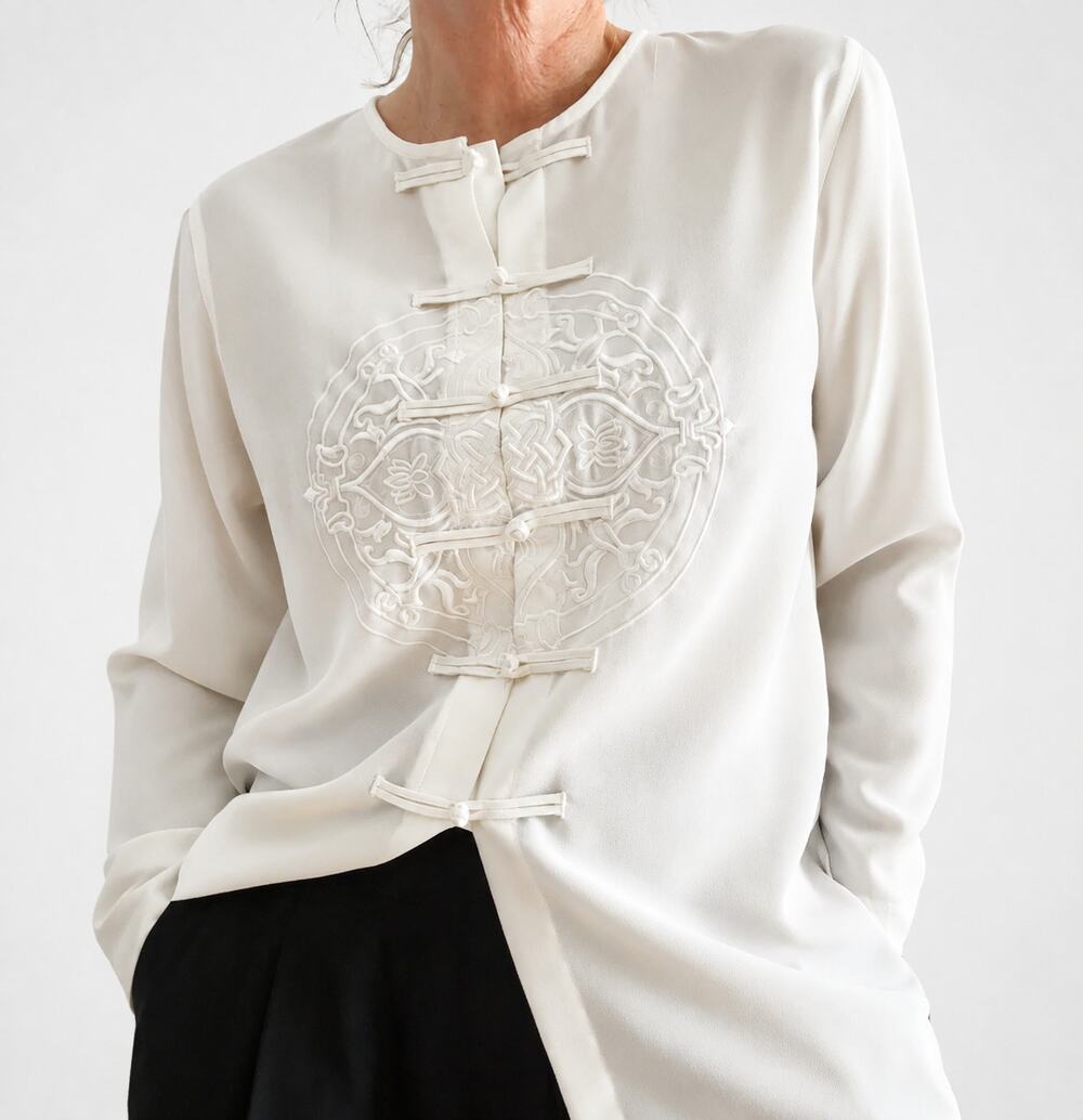 Vintage 80s Asian Detailed Cream Blouse Size M/L Neutral Statement looks